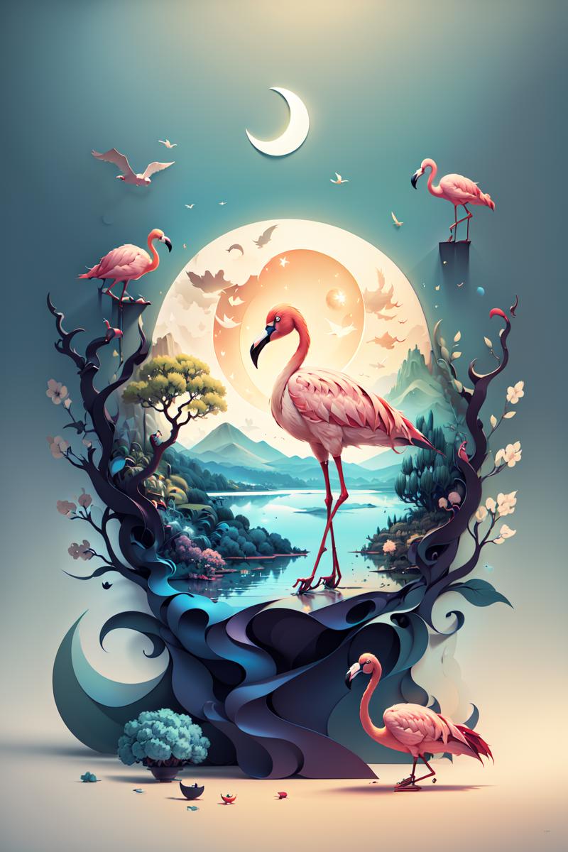 02308-3918539934-(((masterpiece))),bestquality,illustration,beautifuldetailedglow,paper_cut,,tree,moon,rendered eyes,river,Flamingo,.png